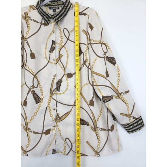 Roz & Ali Blouse Chain Print Button Front Women 2X Beige Gold Equestriancore - Picture 3 of 12